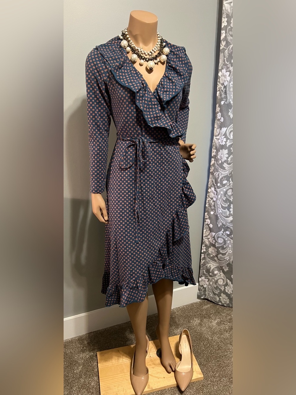 MATILDA JANE Navy Dot Design Ruffle Wrap Dress Small